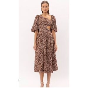 Sofie the Label Boho Cut Out Puff Sleeve Midi Dress in Brown Size Small